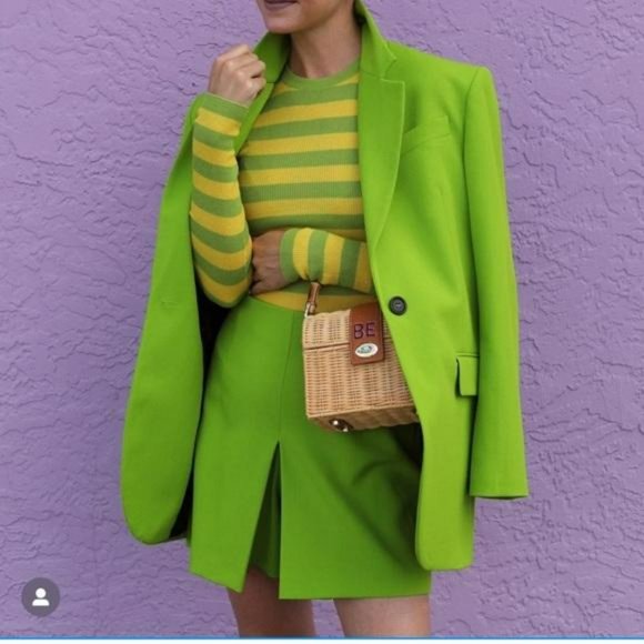 ZARA 2 PIECE LIME GREEN DOUBLE BREASTED BLAZER AND SKORT - Picture 2 of 10